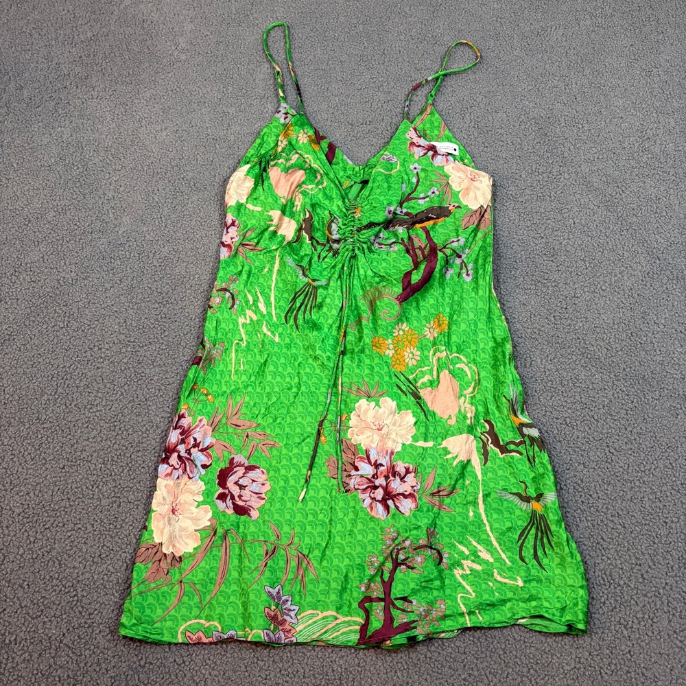 Zara Dress Womens Small Green Floral Bird Print Ruched Mini Slip Boho Summer